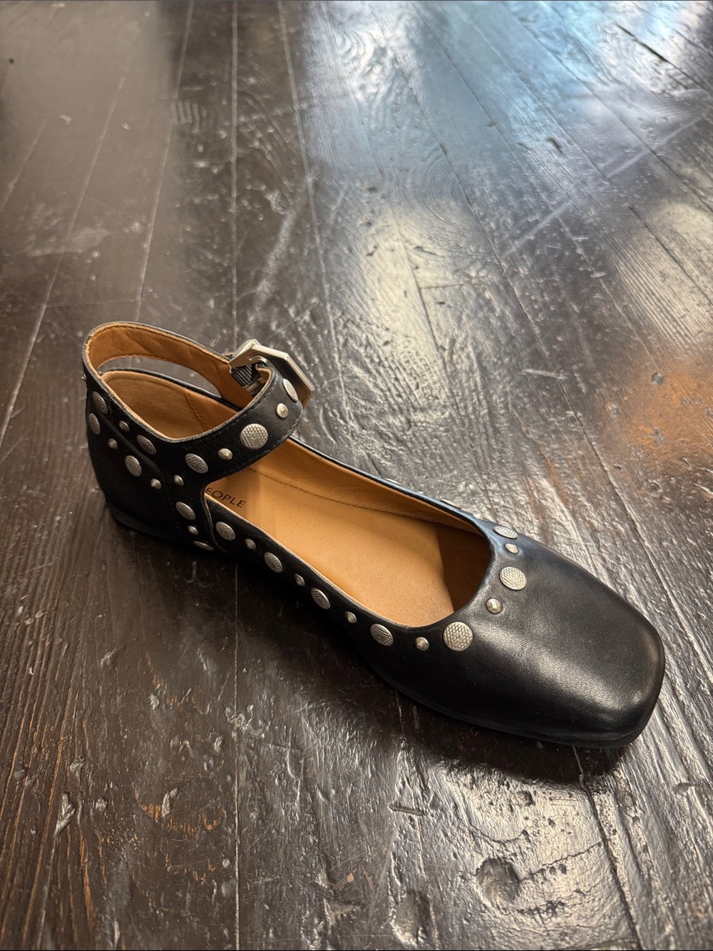 Free People Black Studded Ankle-Strap Ballet Flat